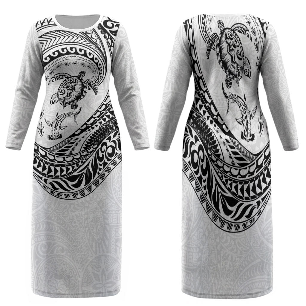 Hawaiian Turtle and Shark Family Matching Long Sleeve Bodycon Dress and Hawaiian Shirt Kakau Tribal with Polynesian Pattern White Color LT03 Mom's Dress White - Polynesian Pride