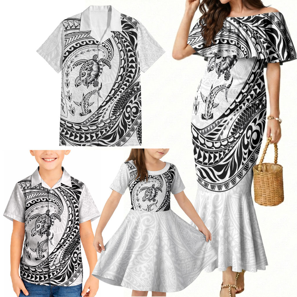 Hawaiian Turtle and Shark Family Matching Mermaid Dress and Hawaiian Shirt Kakau Tribal with Polynesian Pattern White Color LT03 - Polynesian Pride