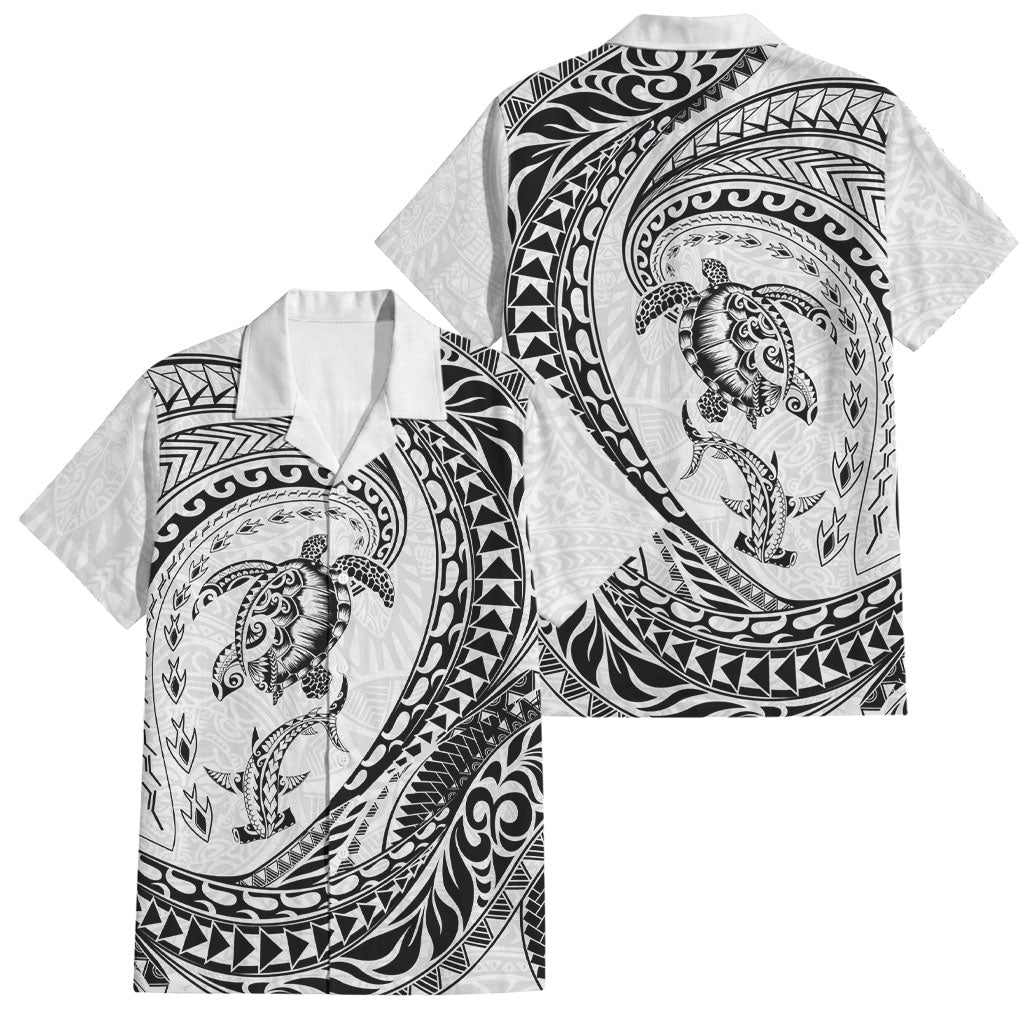 Hawaiian Turtle and Shark Family Matching Mermaid Dress and Hawaiian Shirt Kakau Tribal with Polynesian Pattern White Color LT03 Dad's Shirt - Short Sleeve White - Polynesian Pride