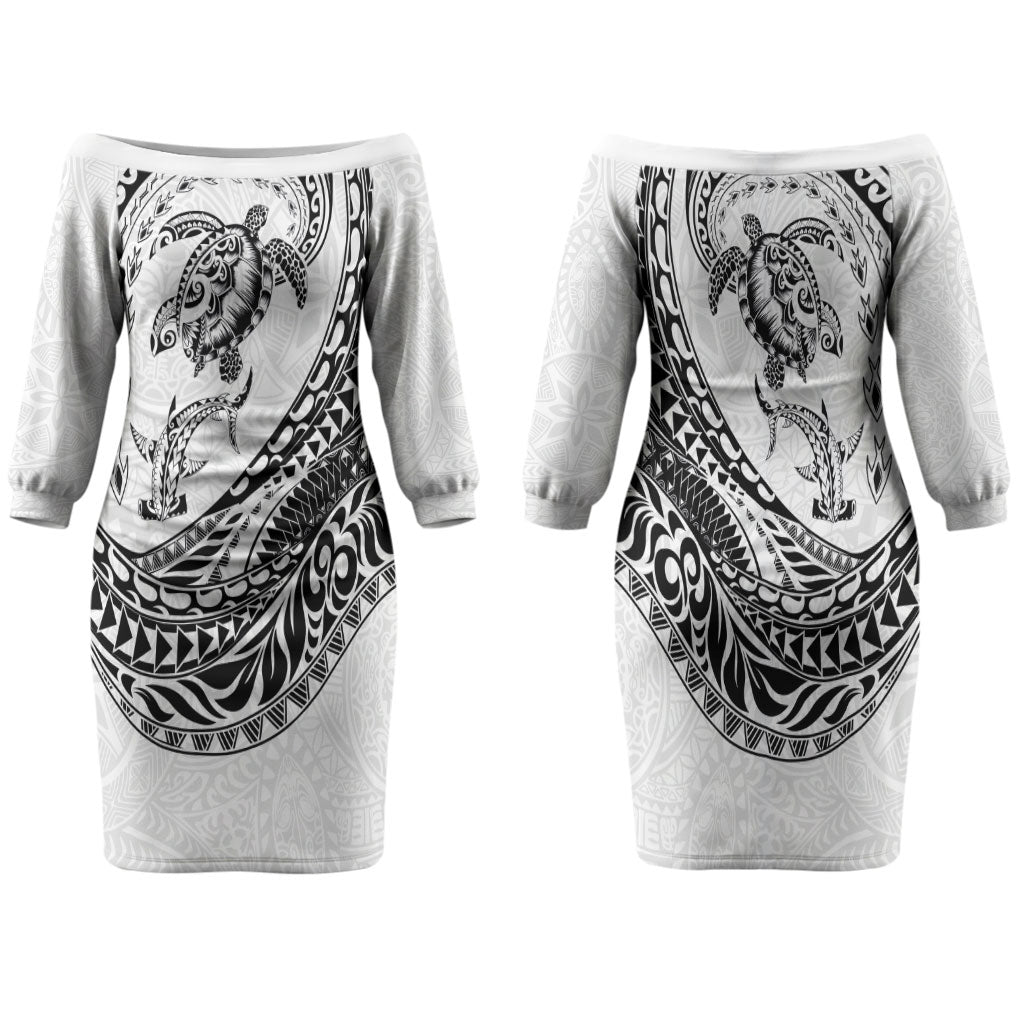 Hawaiian Turtle and Shark Family Matching Off The Shoulder Long Sleeve Dress and Hawaiian Shirt Kakau Tribal with Polynesian Pattern White Color LT03 Mom's Dress White - Polynesian Pride