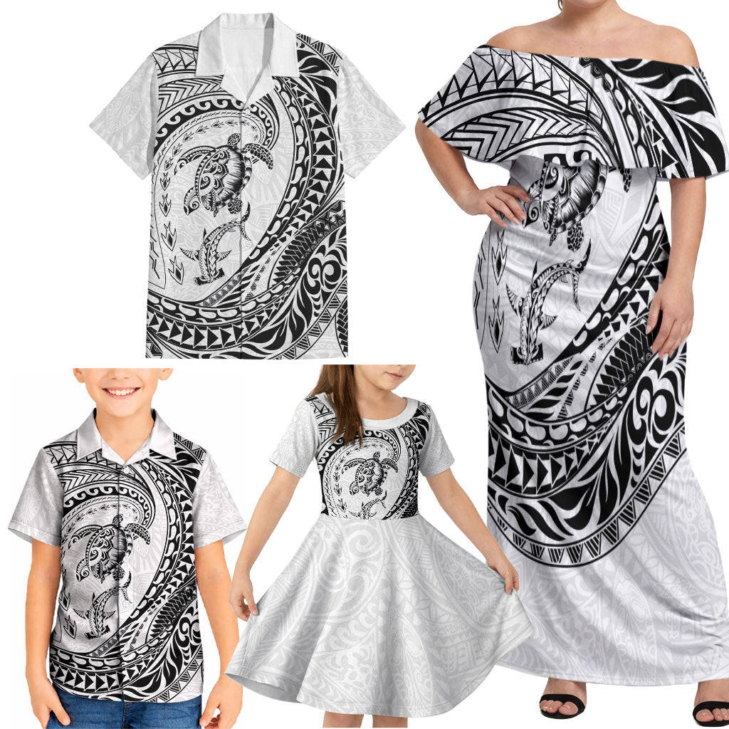 Hawaiian Turtle and Shark Family Matching Off Shoulder Maxi Dress and Hawaiian Shirt Kakau Tribal with Polynesian Pattern White Color LT03 - Polynesian Pride