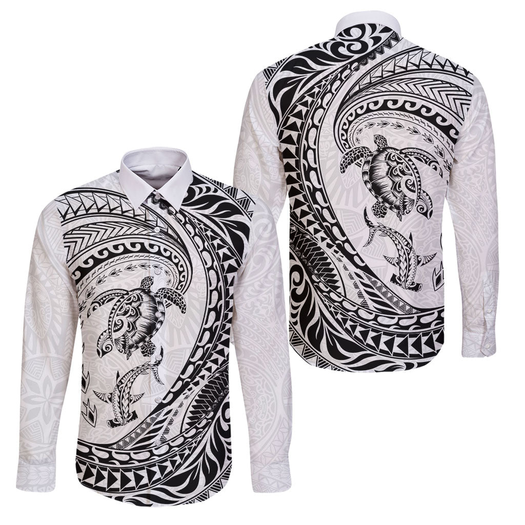Hawaiian Turtle and Shark Family Matching Off Shoulder Maxi Dress and Hawaiian Shirt Kakau Tribal with Polynesian Pattern White Color LT03 Dad's Shirt - Long Sleeve White - Polynesian Pride