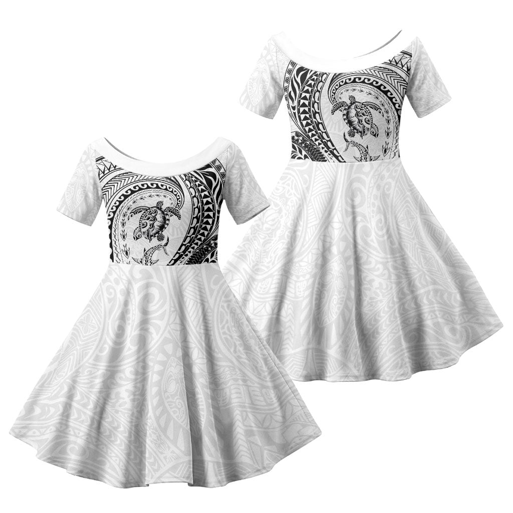 Hawaiian Turtle and Shark Family Matching Off Shoulder Maxi Dress and Hawaiian Shirt Kakau Tribal with Polynesian Pattern White Color LT03 Daughter's Dress White - Polynesian Pride