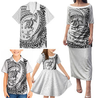 Hawaiian Turtle and Shark Family Matching Puletasi and Hawaiian Shirt Kakau Tribal with Polynesian Pattern White Color LT03 - Polynesian Pride