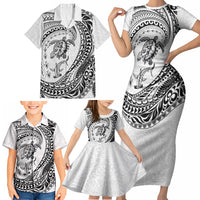 Hawaiian Turtle and Shark Family Matching Short Sleeve Bodycon Dress and Hawaiian Shirt Kakau Tribal with Polynesian Pattern White Color LT03 - Polynesian Pride