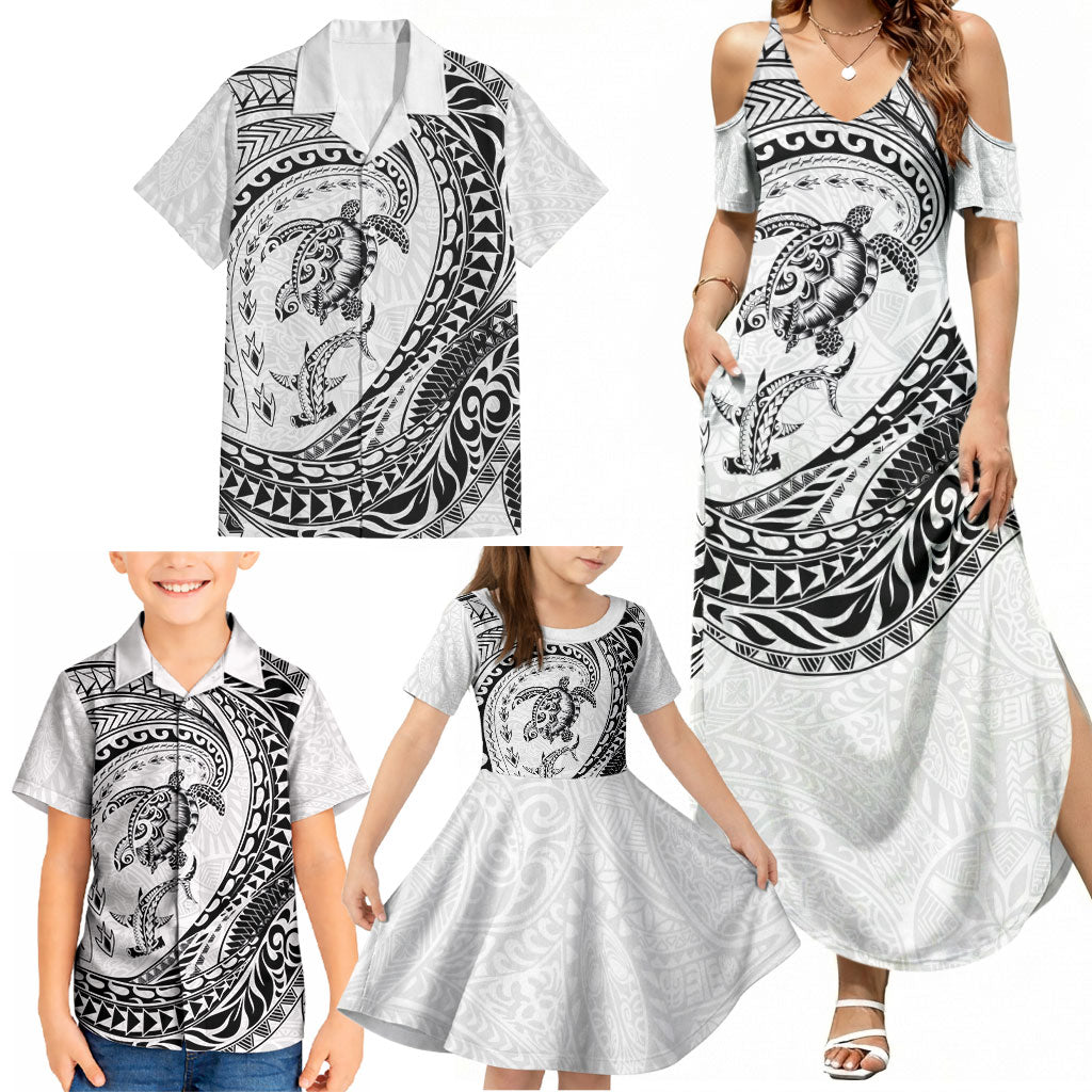 Hawaiian Turtle and Shark Family Matching Summer Maxi Dress and Hawaiian Shirt Kakau Tribal with Polynesian Pattern White Color LT03 - Polynesian Pride