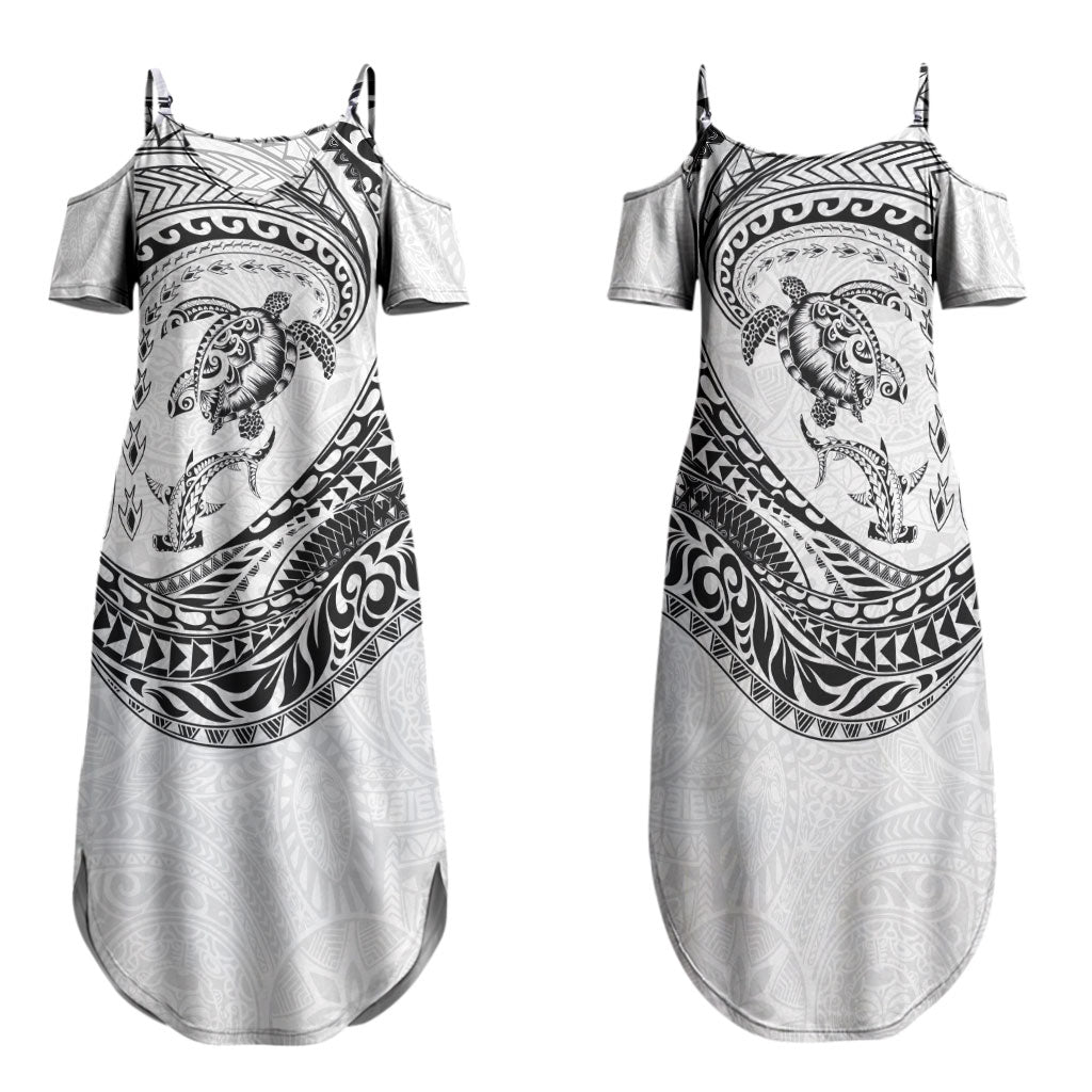 Hawaiian Turtle and Shark Family Matching Summer Maxi Dress and Hawaiian Shirt Kakau Tribal with Polynesian Pattern White Color LT03 Mom's Dress White - Polynesian Pride