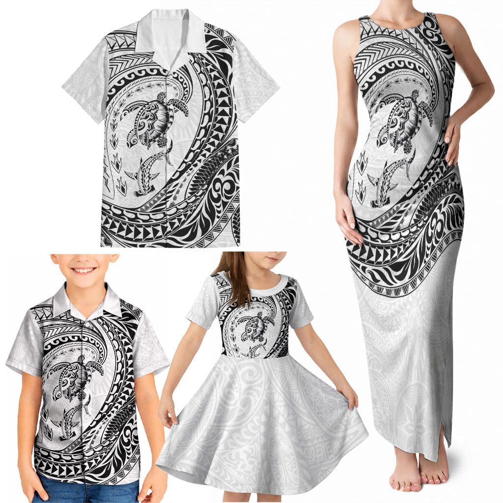 Hawaiian Turtle and Shark Family Matching Tank Maxi Dress and Hawaiian Shirt Kakau Tribal with Polynesian Pattern White Color LT03 - Polynesian Pride