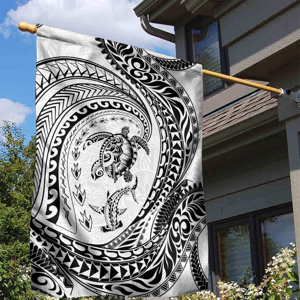 Hawaiian Turtle and Shark Garden Flag Kakau Tribal with Polynesian Pattern White Color LT03 - Polynesian Pride