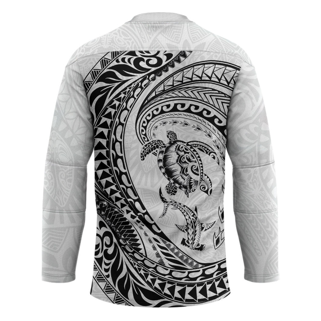 Hawaiian Turtle and Shark Hockey Jersey Kakau Tribal with Polynesian Pattern White Color LT03 - Polynesian Pride