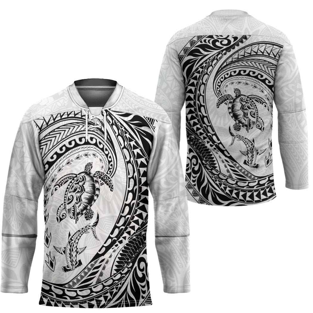 Hawaiian Turtle and Shark Hockey Jersey Kakau Tribal with Polynesian Pattern White Color LT03 - Polynesian Pride