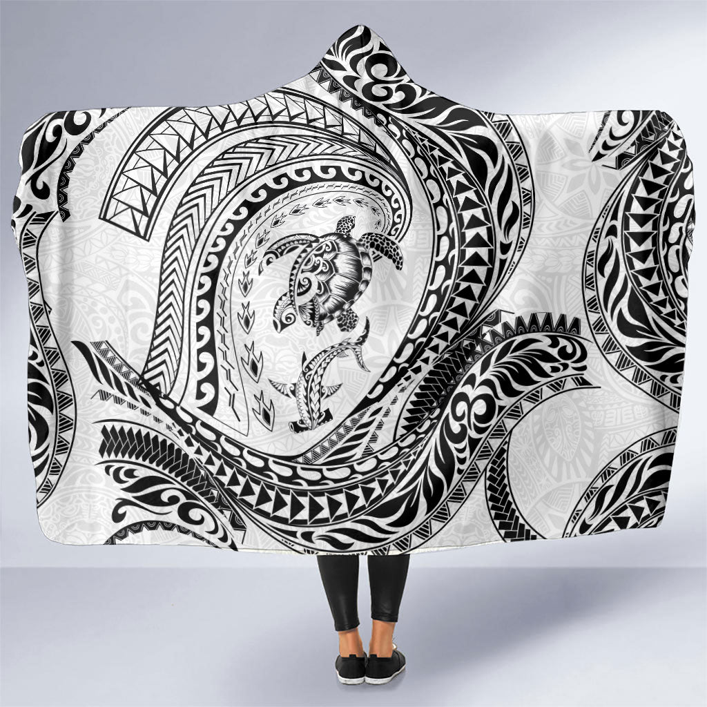 Hawaiian Turtle and Shark Hooded Blanket Kakau Tribal with Polynesian Pattern White Color LT03 One Size White - Polynesian Pride