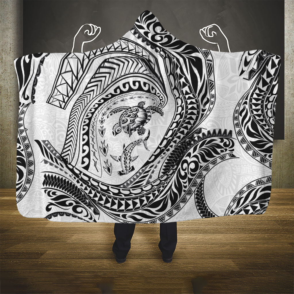Hawaiian Turtle and Shark Hooded Blanket Kakau Tribal with Polynesian Pattern White Color LT03 - Polynesian Pride