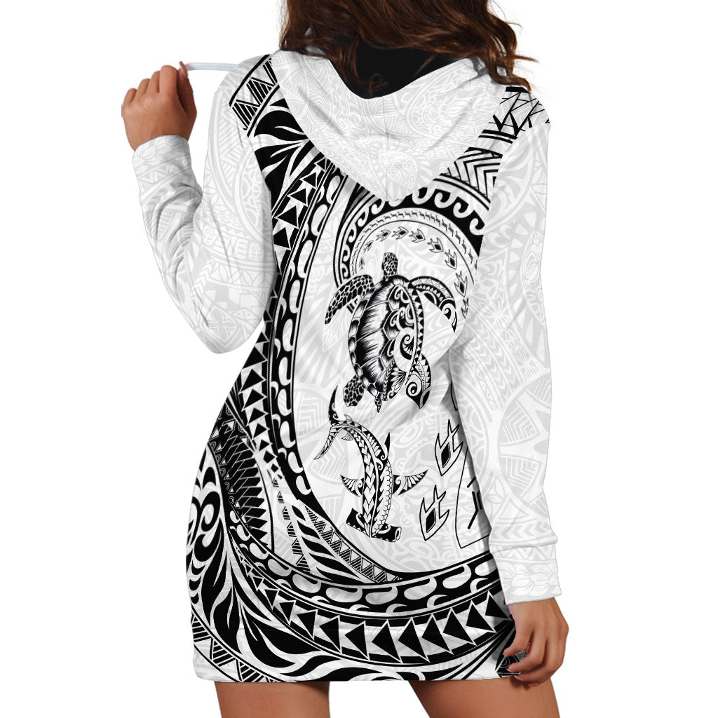 Hawaiian Turtle and Shark Hoodie Dress Kakau Tribal with Polynesian Pattern White Color LT03 - Polynesian Pride