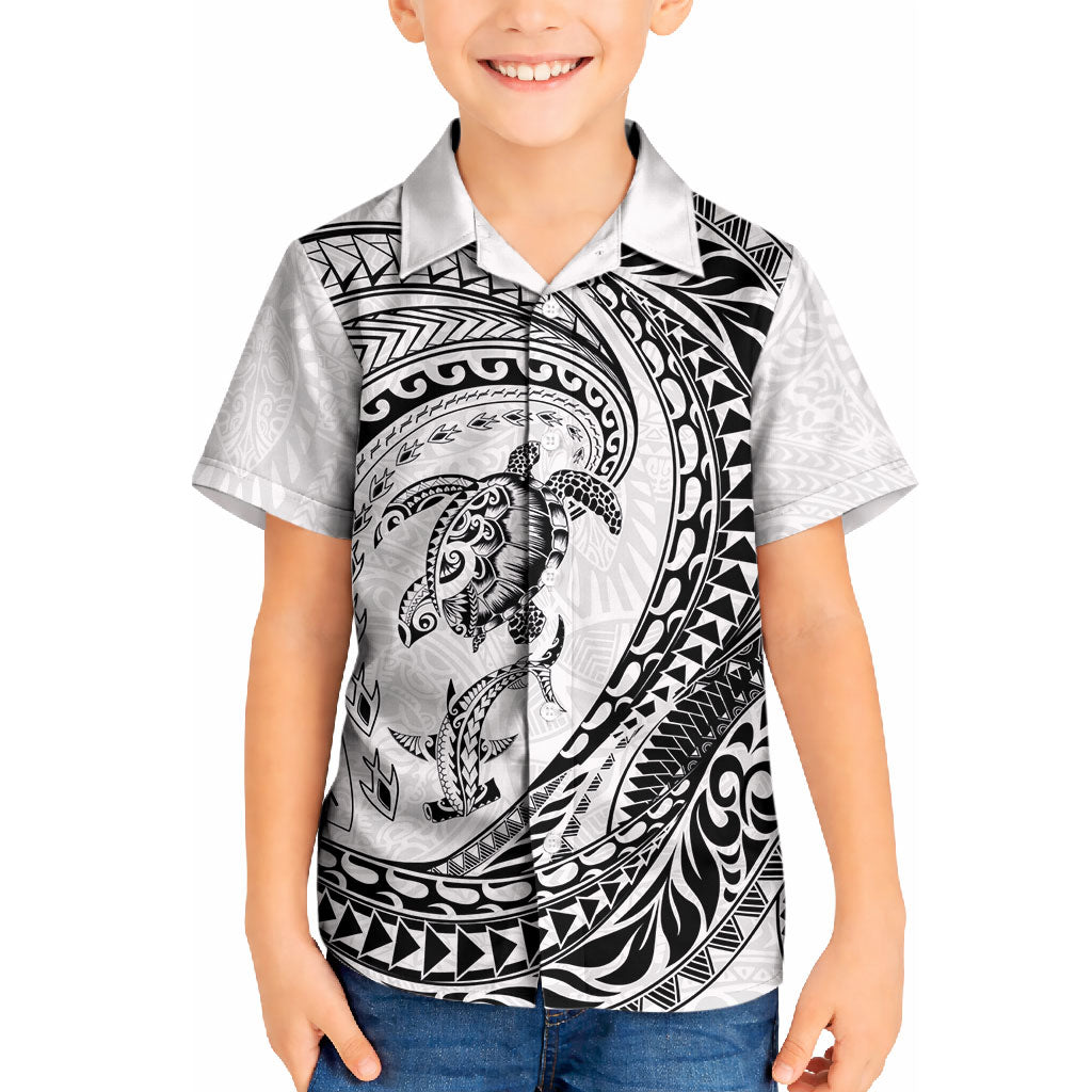 Hawaiian Turtle and Shark Kid Hawaiian Shirt Kakau Tribal with Polynesian Pattern White Color LT03 Kid White - Polynesian Pride