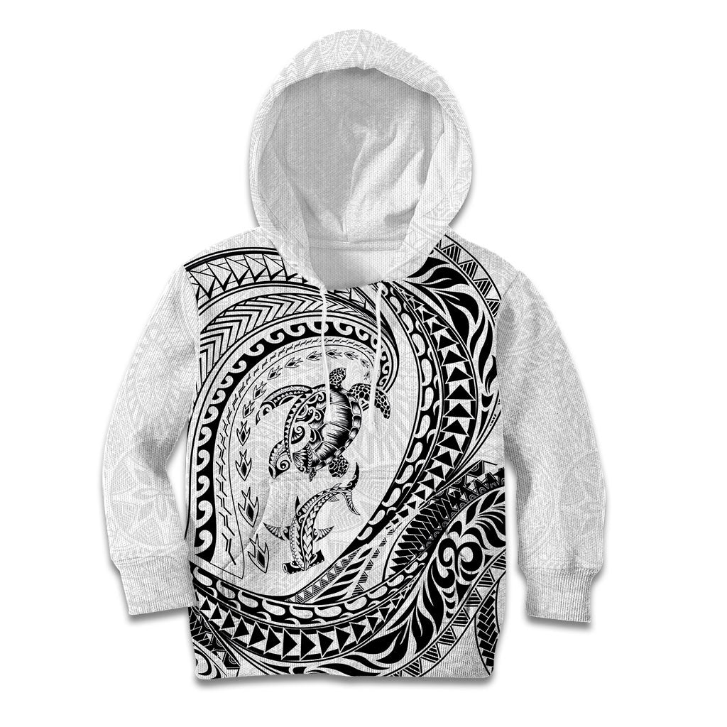 Hawaiian Turtle and Shark Kid Hoodie Kakau Tribal with Polynesian Pattern White Color LT03 Hoodie White - Polynesian Pride