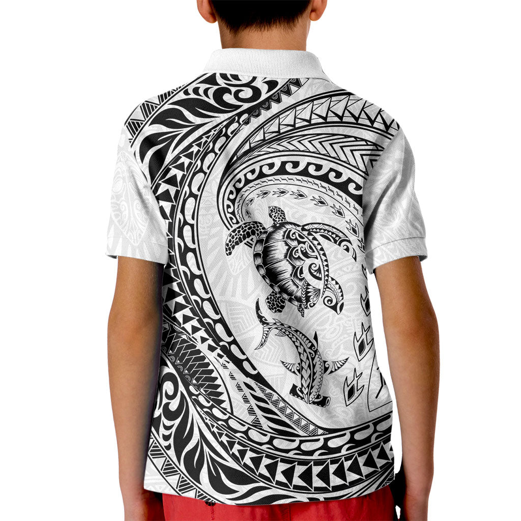 Hawaiian Turtle and Shark Kid Polo Shirt Kakau Tribal with Polynesian Pattern White Color LT03 - Polynesian Pride