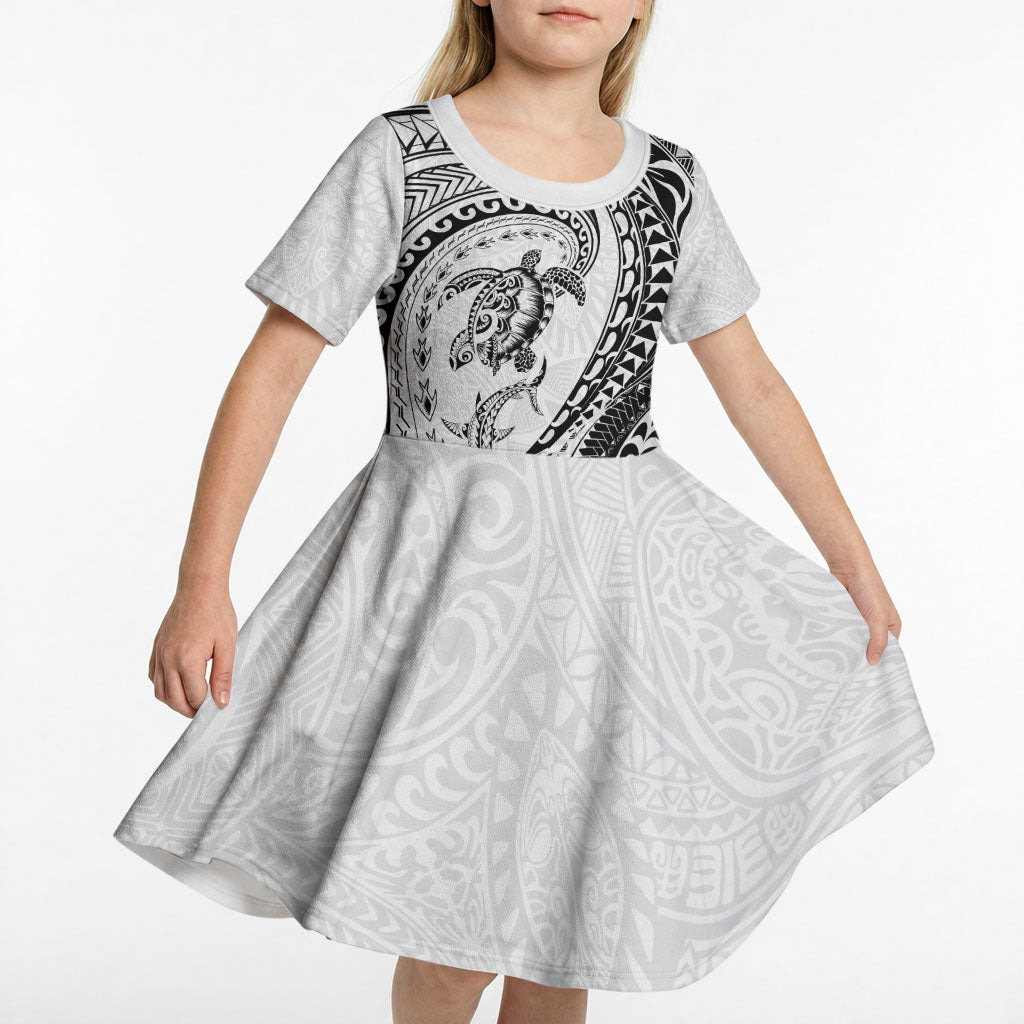 Hawaiian Turtle and Shark Kid Short Sleeve Dress Kakau Tribal with Polynesian Pattern White Color LT03 - Polynesian Pride