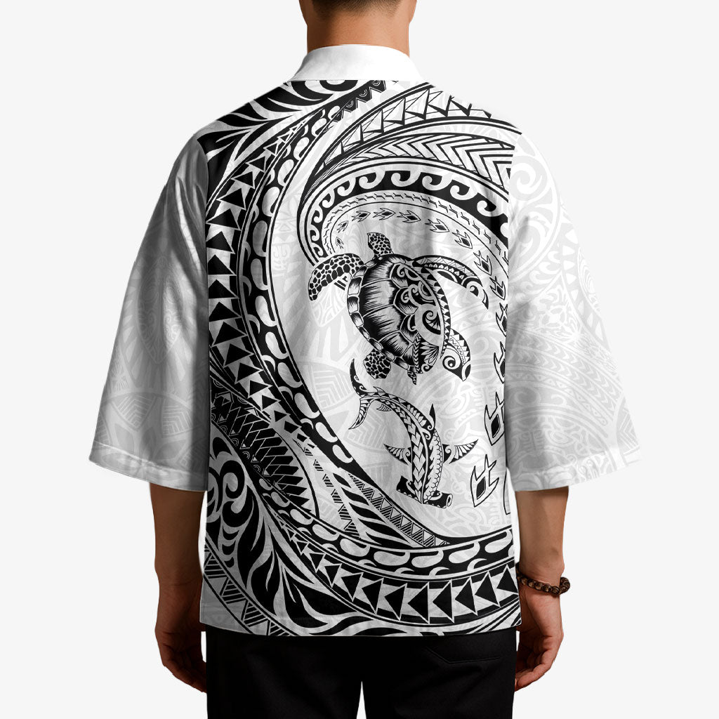 Hawaiian Turtle and Shark Kimono Kakau Tribal with Polynesian Pattern White Color LT03 - Polynesian Pride