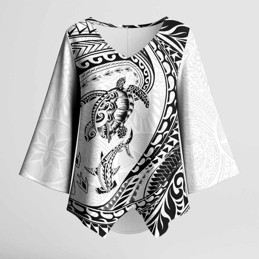 Hawaiian Turtle and Shark Kimono Sleeve Blouse Kakau Tribal with Polynesian Pattern White Color LT03 Female White - Polynesian Pride