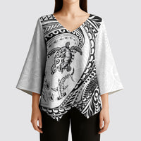 Hawaiian Turtle and Shark Kimono Sleeve Blouse Kakau Tribal with Polynesian Pattern White Color LT03 - Polynesian Pride