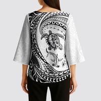 Hawaiian Turtle and Shark Kimono Sleeve Blouse Kakau Tribal with Polynesian Pattern White Color LT03 - Polynesian Pride