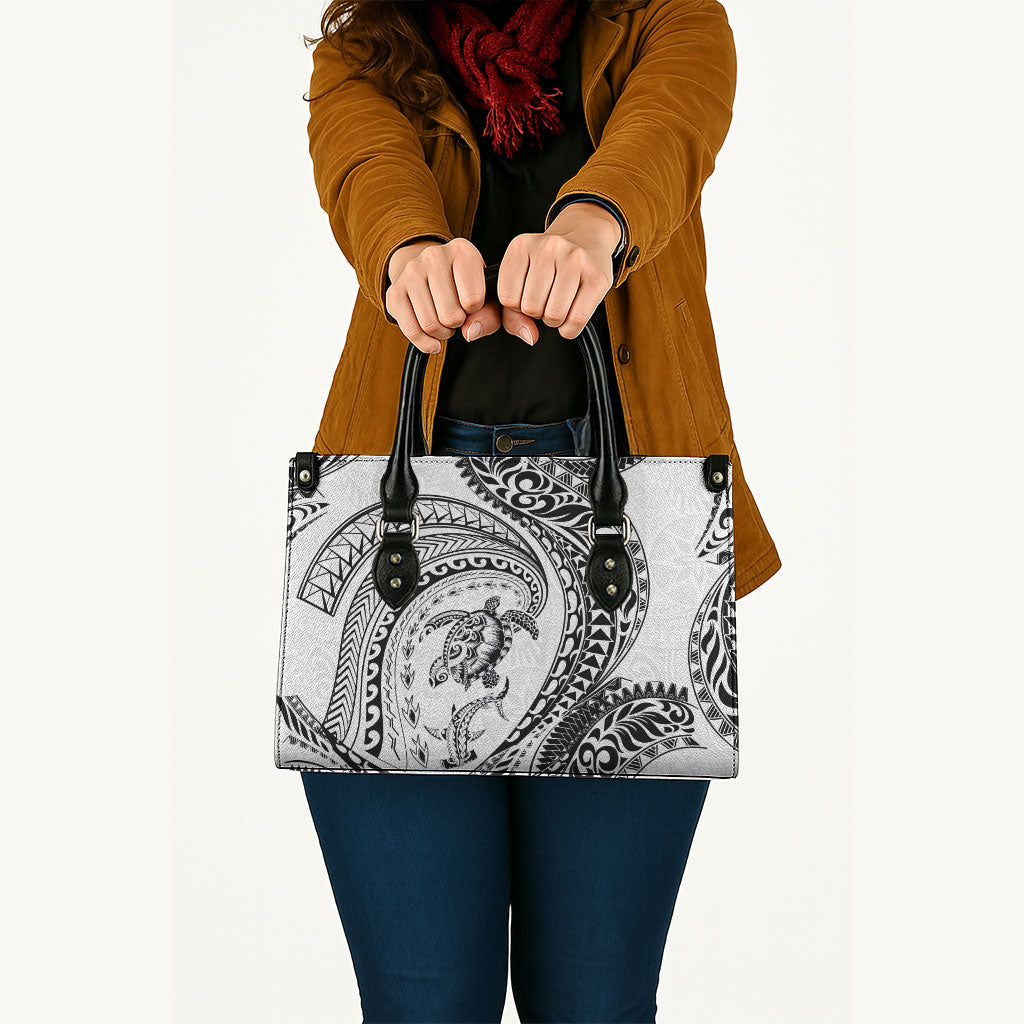 Hawaiian Turtle and Shark Leather Bag Kakau Tribal with Polynesian Pattern White Color LT03 - Polynesian Pride