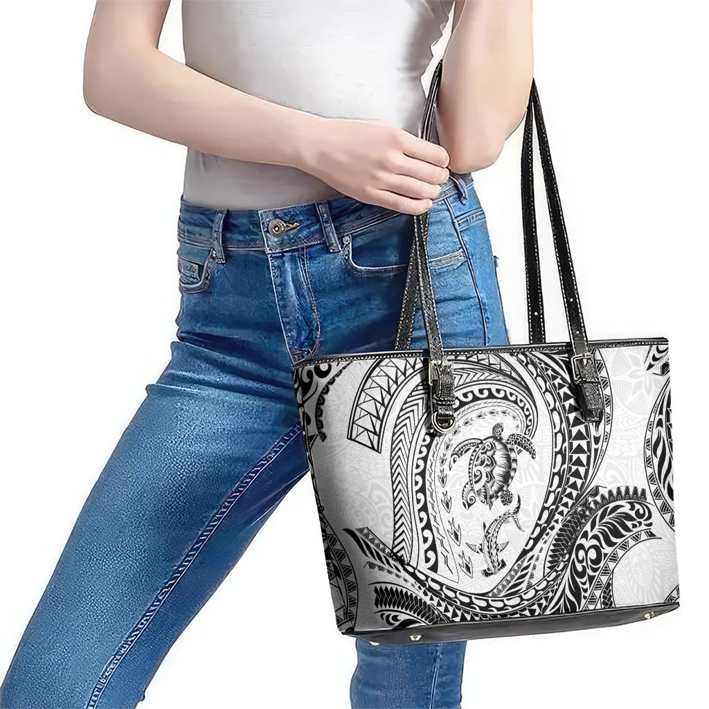 Hawaiian Turtle and Shark Leather Tote Bag Kakau Tribal with Polynesian Pattern White Color LT03 - Polynesian Pride
