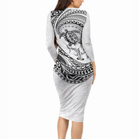 Hawaiian Turtle and Shark Long Sleeve Bodycon Dress Kakau Tribal with Polynesian Pattern White Color LT03 - Polynesian Pride