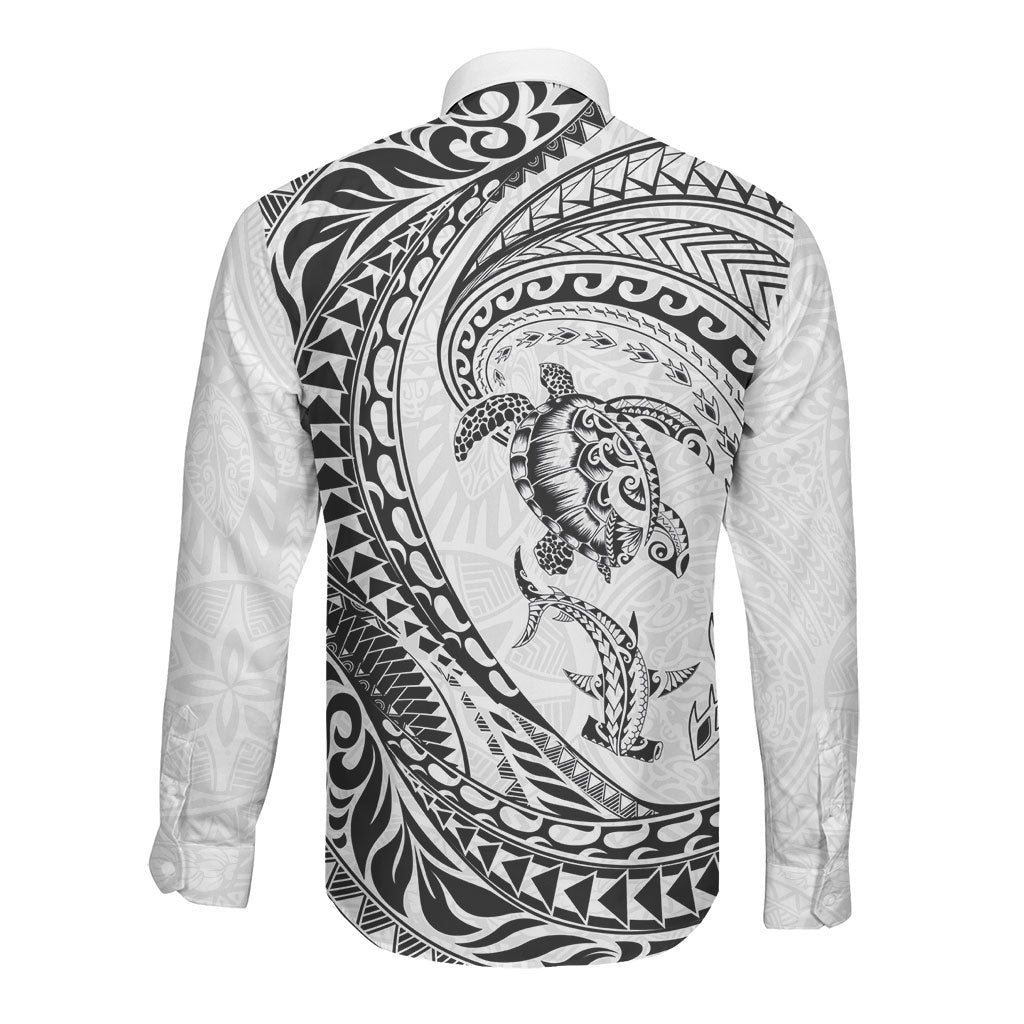 Hawaiian Turtle and Shark Long Sleeve Button Shirt Kakau Tribal with Polynesian Pattern White Color LT03 - Polynesian Pride