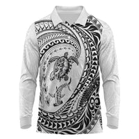 Hawaiian Turtle and Shark Long Sleeve Polo Shirt Kakau Tribal with Polynesian Pattern White Color LT03 White - Polynesian Pride