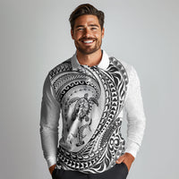 Hawaiian Turtle and Shark Long Sleeve Polo Shirt Kakau Tribal with Polynesian Pattern White Color LT03 - Polynesian Pride