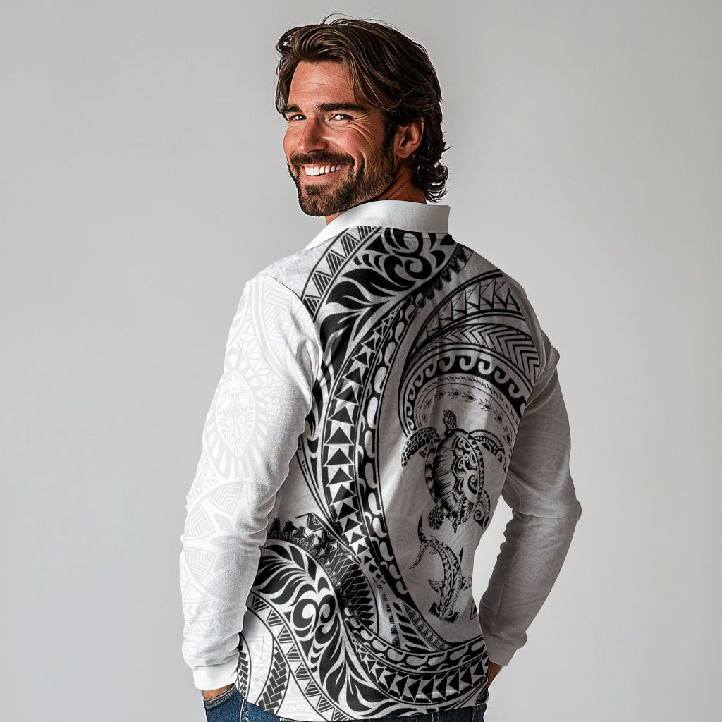 Hawaiian Turtle and Shark Long Sleeve Polo Shirt Kakau Tribal with Polynesian Pattern White Color LT03 - Polynesian Pride