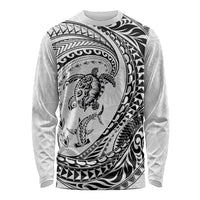 Hawaiian Turtle and Shark Long Sleeve Shirt Kakau Tribal with Polynesian Pattern White Color LT03 Unisex White - Polynesian Pride