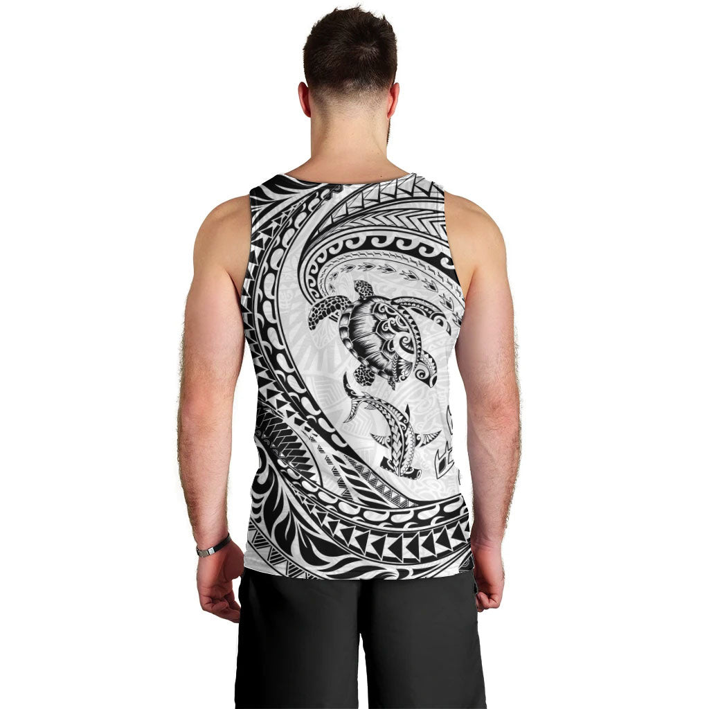Hawaiian Turtle and Shark Men Tank Top Kakau Tribal with Polynesian Pattern White Color LT03 - Polynesian Pride