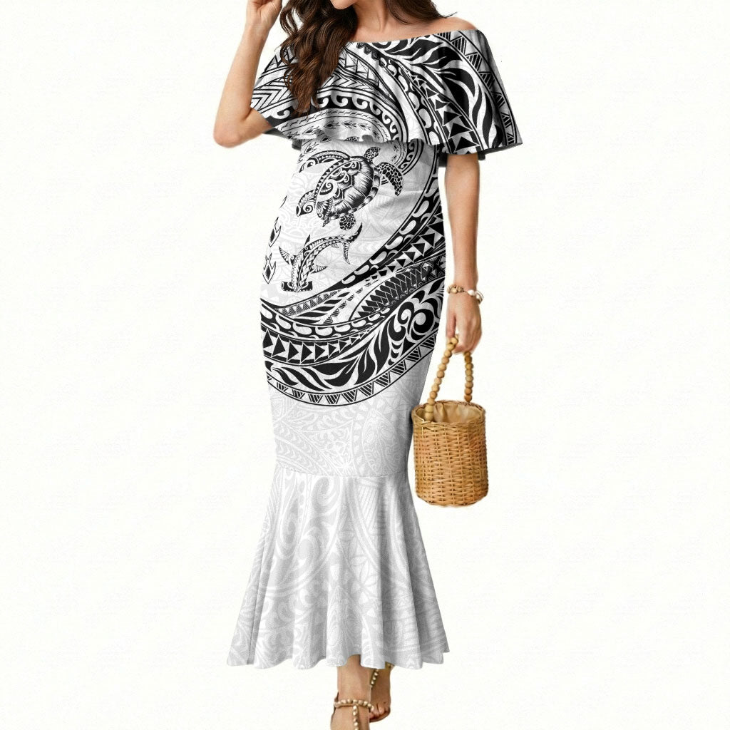Hawaiian Turtle and Shark Mermaid Dress Kakau Tribal with Polynesian Pattern White Color LT03 Women White - Polynesian Pride