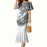 Hawaiian Turtle and Shark Mermaid Dress Kakau Tribal with Polynesian Pattern White Color LT03 Women White - Polynesian Pride