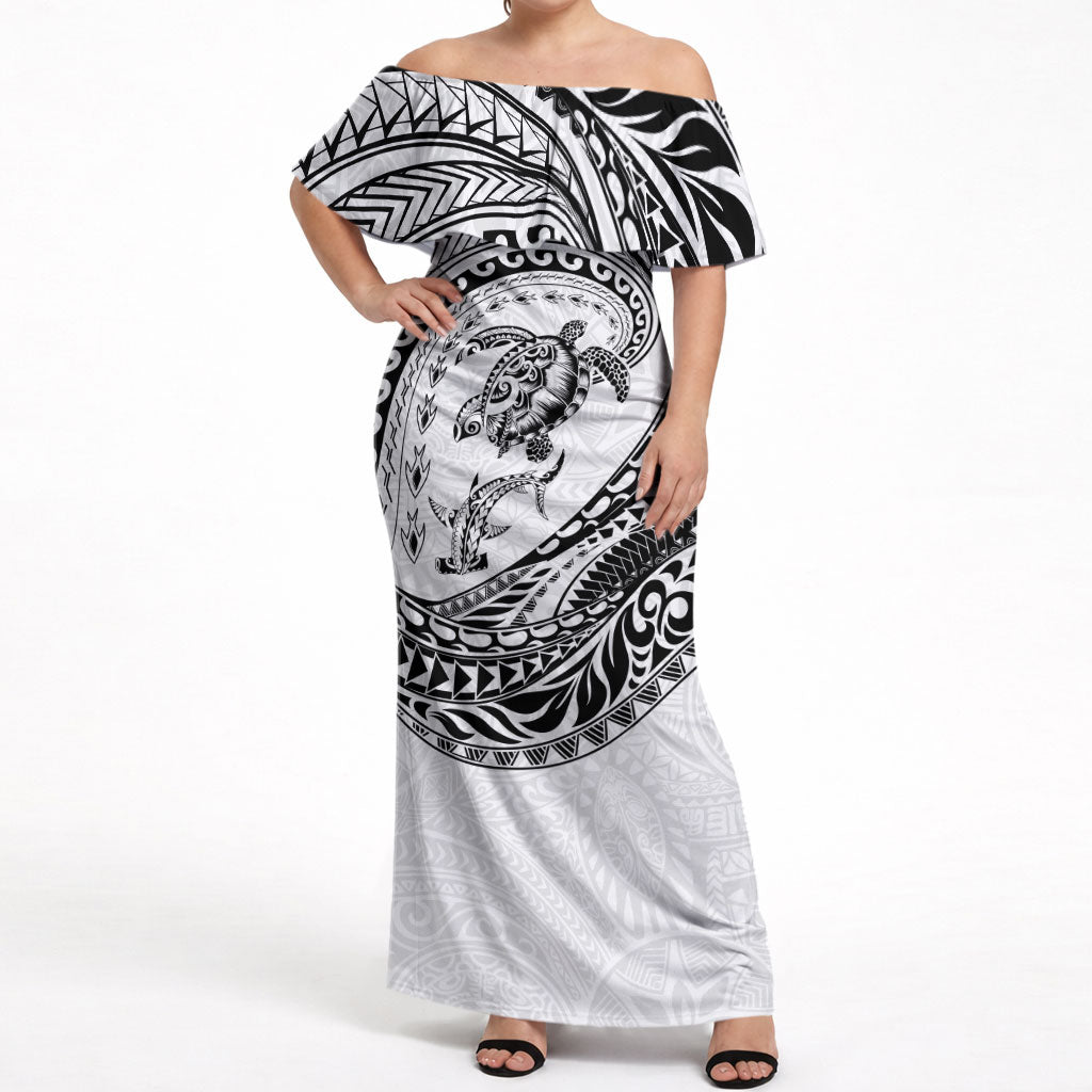 Hawaiian Turtle and Shark Off Shoulder Maxi Dress Kakau Tribal with Polynesian Pattern White Color LT03 Women White - Polynesian Pride