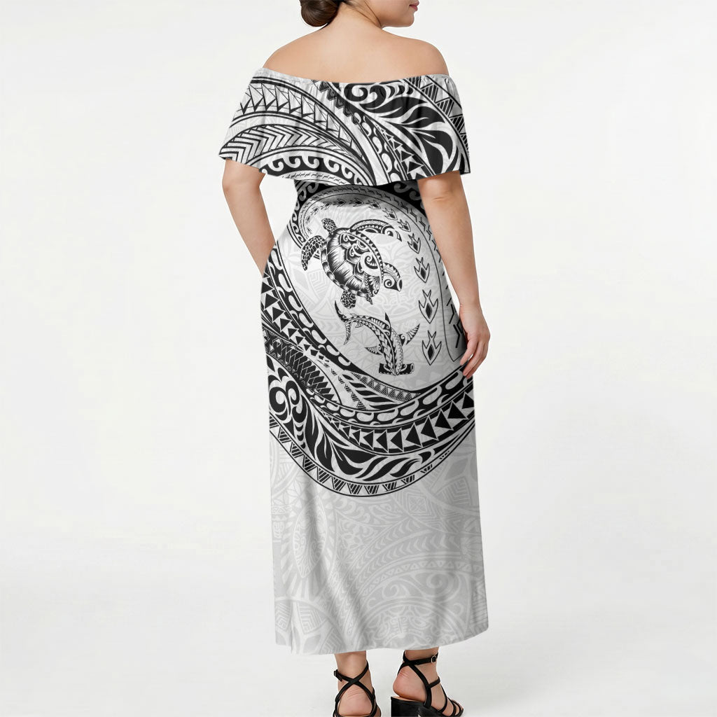 Hawaiian Turtle and Shark Off Shoulder Maxi Dress Kakau Tribal with Polynesian Pattern White Color LT03 - Polynesian Pride