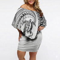 Hawaiian Turtle and Shark Off Shoulder Short Dress Kakau Tribal with Polynesian Pattern White Color LT03 Women White - Polynesian Pride