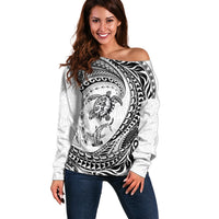 Hawaiian Turtle and Shark Off Shoulder Sweater Kakau Tribal with Polynesian Pattern White Color LT03 Women White - Polynesian Pride