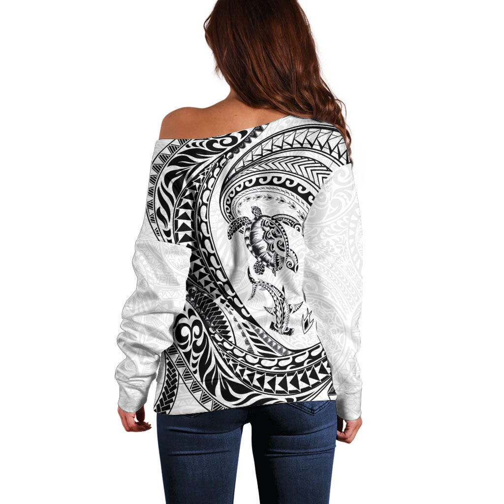 Hawaiian Turtle and Shark Off Shoulder Sweater Kakau Tribal with Polynesian Pattern White Color LT03 - Polynesian Pride