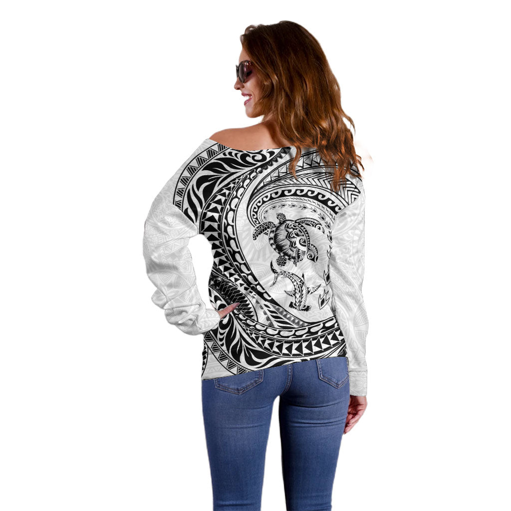 Hawaiian Turtle and Shark Off Shoulder Sweater Kakau Tribal with Polynesian Pattern White Color LT03 - Polynesian Pride