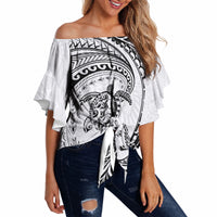 Hawaiian Turtle and Shark Off Shoulder Wrap Waist Top Kakau Tribal with Polynesian Pattern White Color LT03 White - Polynesian Pride