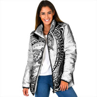 Hawaiian Turtle and Shark Padded Jacket Kakau Tribal with Polynesian Pattern White Color LT03 Women White - Polynesian Pride