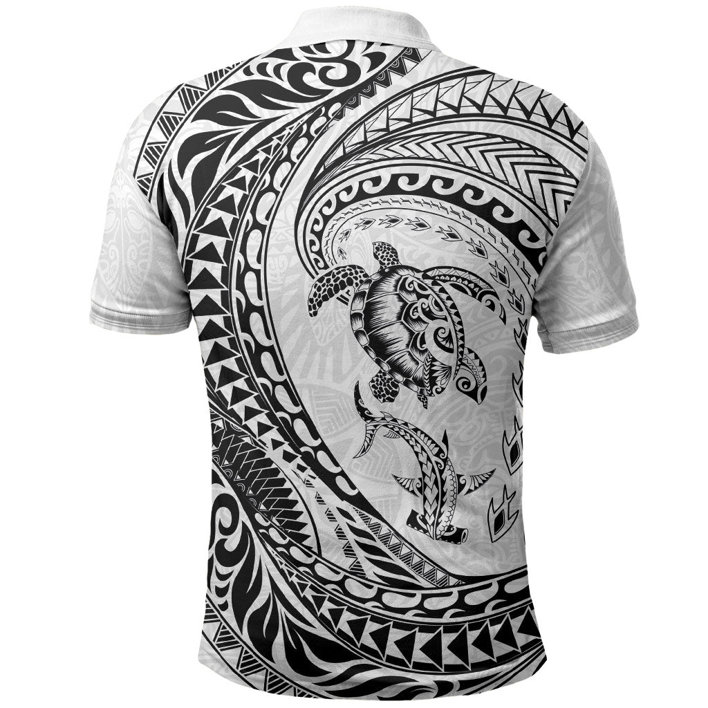Hawaiian Turtle and Shark Polo Shirt Kakau Tribal with Polynesian Pattern White Color LT03 - Polynesian Pride