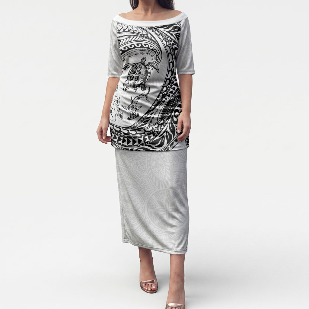Hawaiian Turtle and Shark Puletasi Kakau Tribal with Polynesian Pattern White Color LT03 Long Dress White - Polynesian Pride
