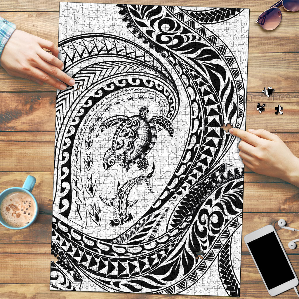 Hawaiian Turtle and Shark Puzzle Kakau Tribal with Polynesian Pattern White Color LT03 White - Polynesian Pride