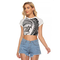 Hawaiian Turtle and Shark Raglan Cropped T Shirt Kakau Tribal with Polynesian Pattern White Color LT03 Female White - Polynesian Pride
