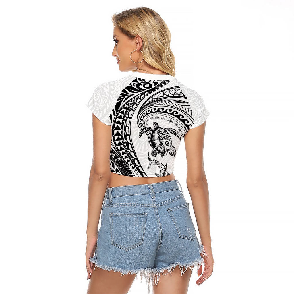 Hawaiian Turtle and Shark Raglan Cropped T Shirt Kakau Tribal with Polynesian Pattern White Color LT03 - Polynesian Pride